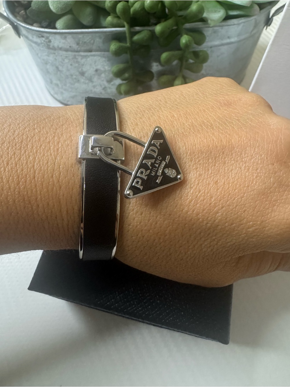 Prada Black Leather Bracelet with Silver Triangle Logo Charm
